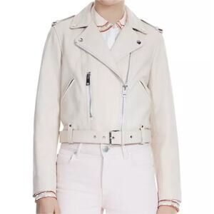 Maje Nude Betsy Cropped Leather Moto Jacket 38